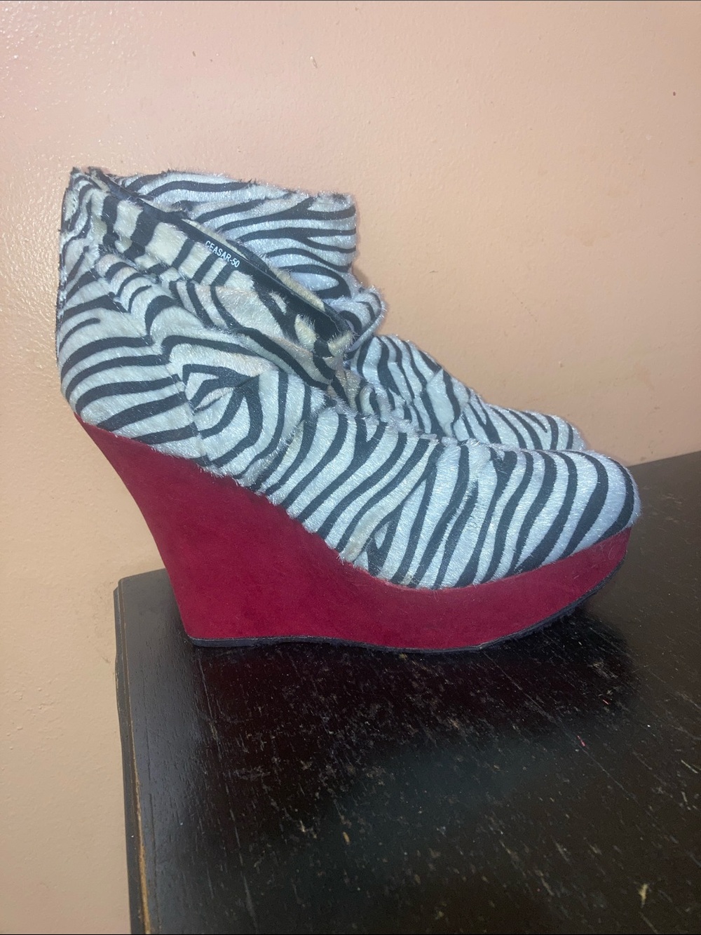 Rouge! Zebra-Print Wedge Booties with Red Platform